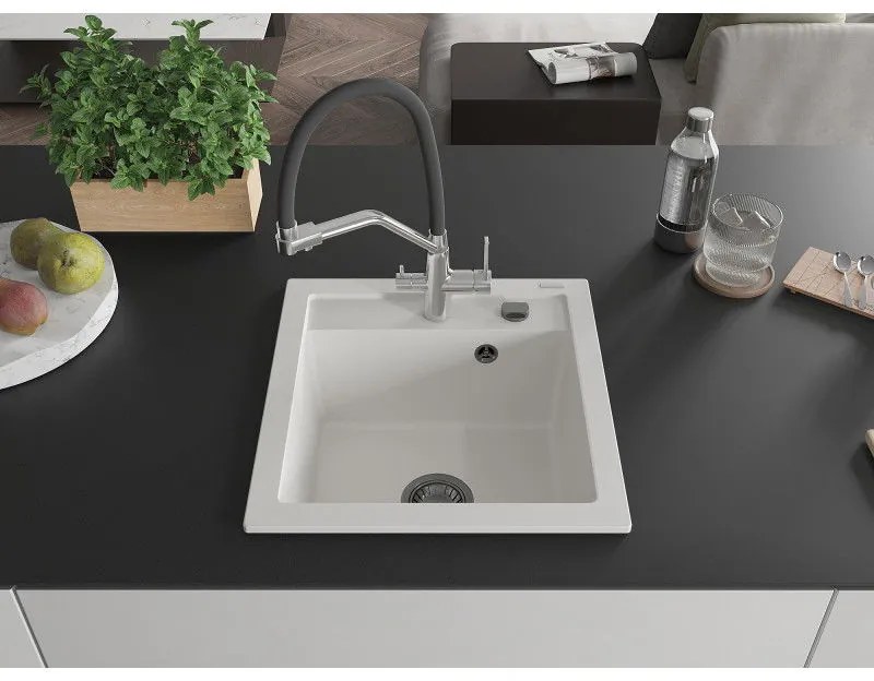 Mexen Vito, 1-komorový granitový drez 520x490x210 mm, drezová batéria Duo, biela, 6503-20-671701-07-B