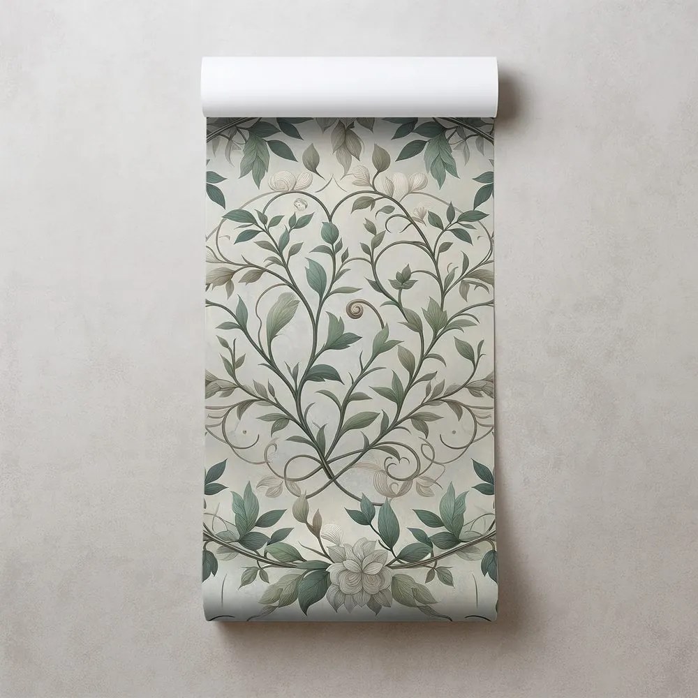 Tapeta elegantné zelené listy s kvetmi