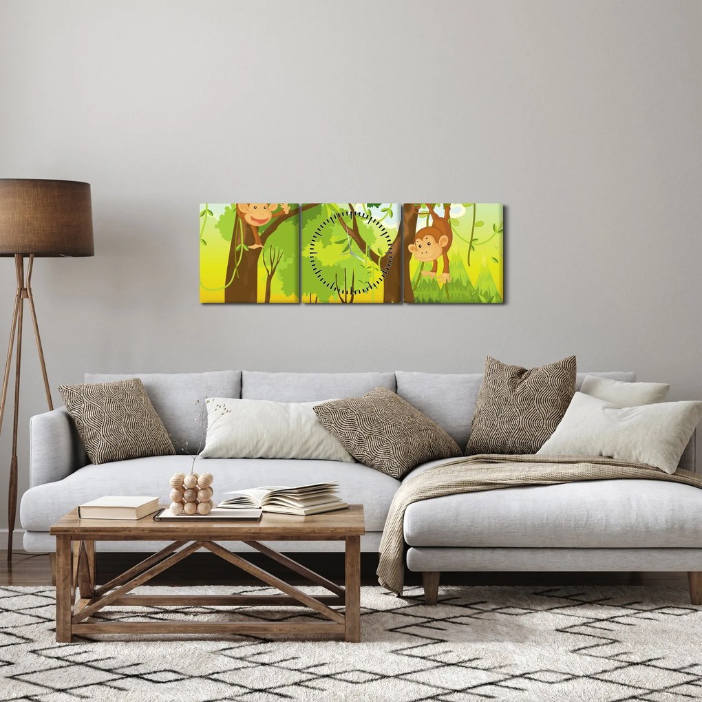 Obraz - Opičiaci (s hodinami) (90x30 cm)