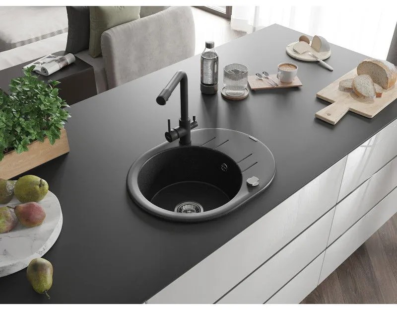Mexen Kevin, drez granitový 586x458x190 mm, 1-komorový a čierna matná Duero batéria, čierna - strieborná metalíza, 6517-73-671600-70