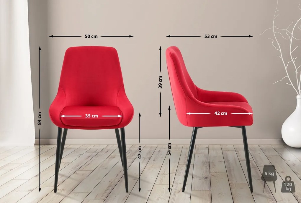 Jedálenská stolička Elmira - zamat, čierny rám - Červená