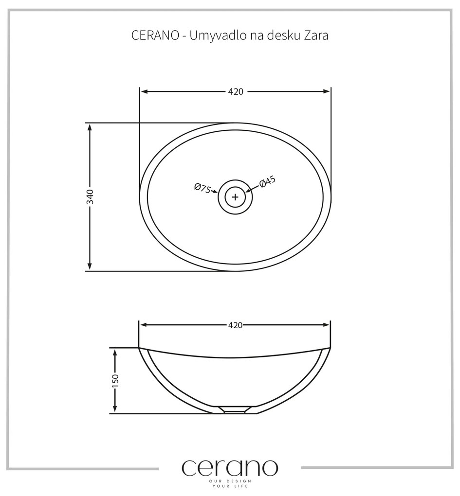 Cerano Zara, umývadlo na dosku z liateho mramoru 420x340x150 mm, biela matná, CER-CER-WB21