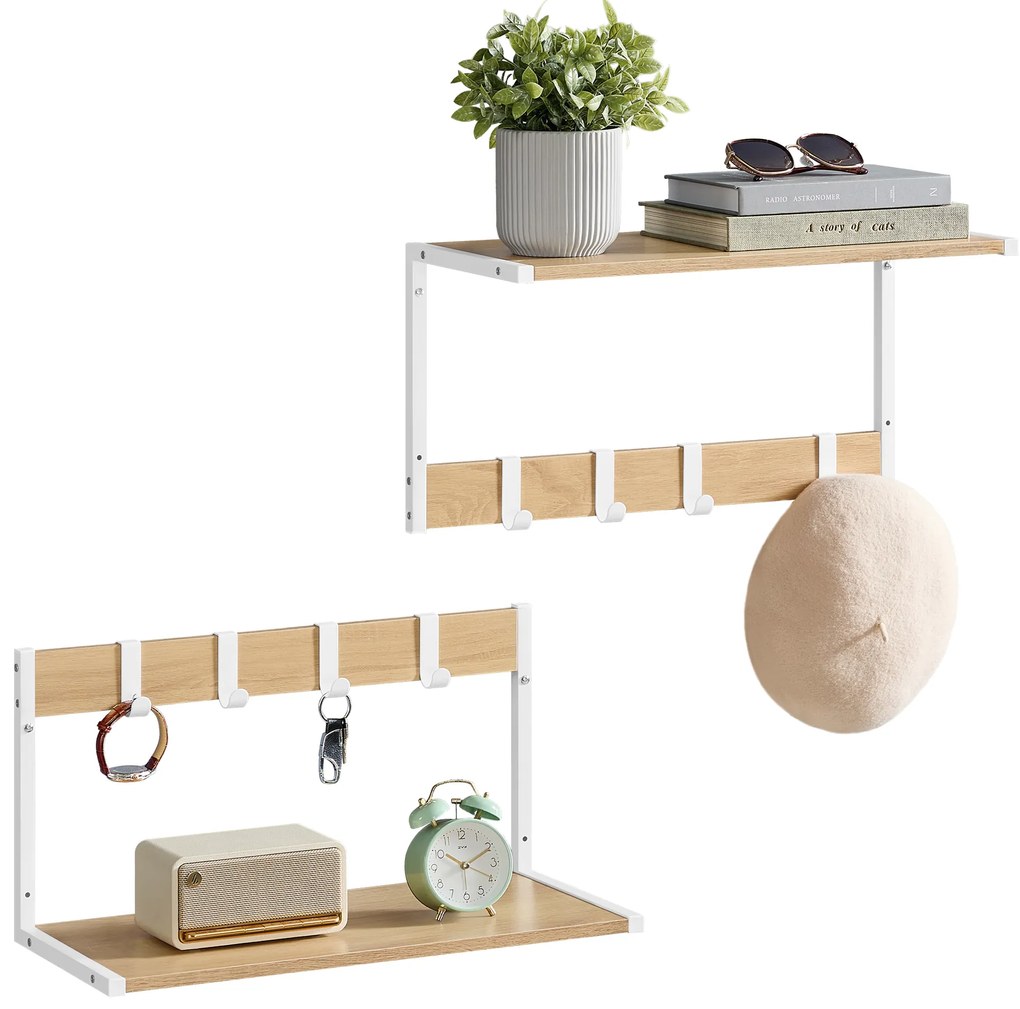 Nástenná polica s háčikmi VELORY sada 2 ks 50x24,2 cm, biela/dub sonoma