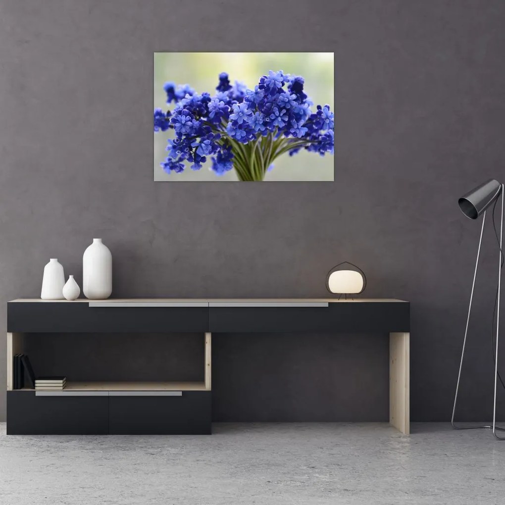Sklenený obraz kytice modrých kvetov (70x50 cm)