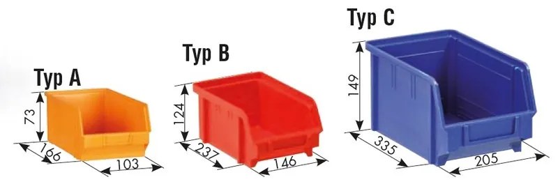 Závesný regál s plastovými boxmi BASIC a priehradkou, 16 boxov