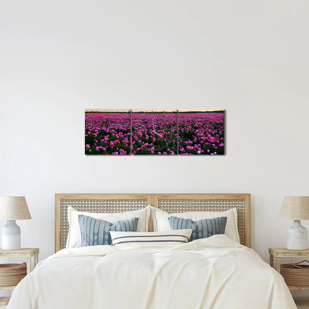 Obraz - Lúka fialových tulipánov (s hodinami) (90x30 cm)