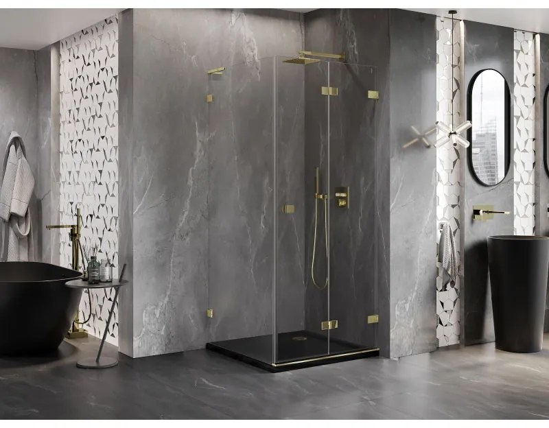 Mexen Lunar-F L, sklápací sprchový kút pravý 80 x 80 cm, 8mm číre sklo, zlatý profil, 836L-080-080-50-00-P