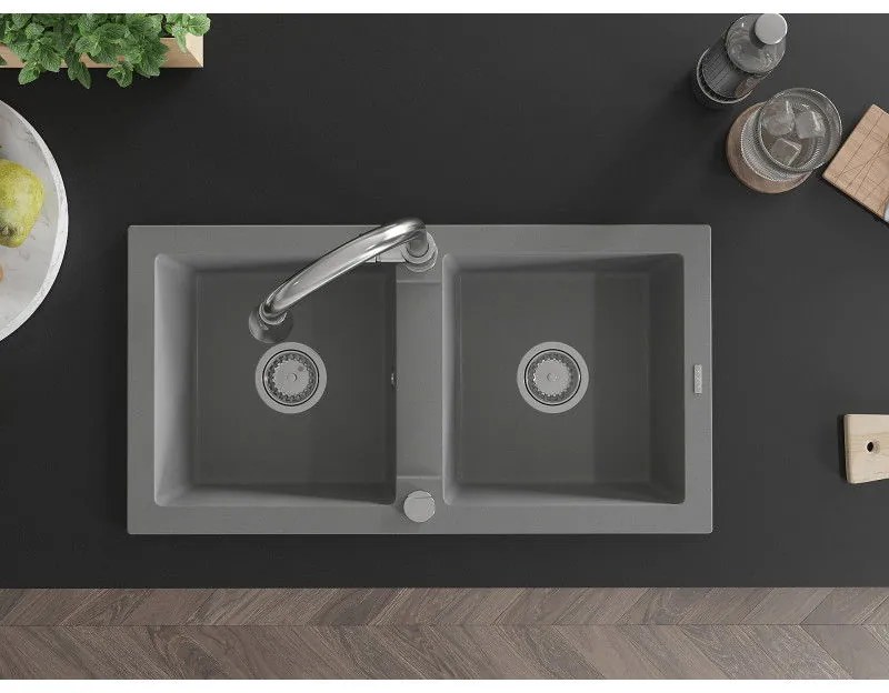Mexen Mario, 2-komorový granitový drez 820x436x161 mm a drezová batéria Elia, šedá, 6504-71-670101-00