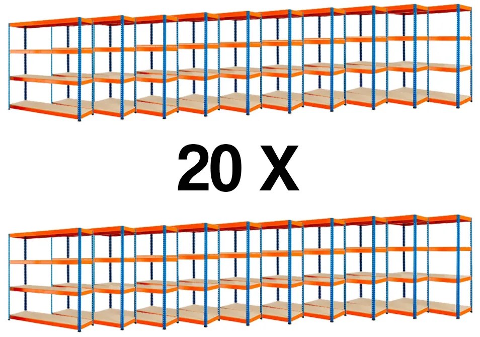 Fistar !!! Akčný balíček : 20x Regál 1680x1600x600 mm PROFESIONÁLNY lakovaný 4-policový, nosnosť 1600kg - MODRO-ORANŽOVÝ