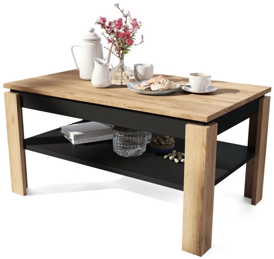 Rozkladací konferenčný stolík so zdvíhacou doskou a policou ADEN dub craft/čierna