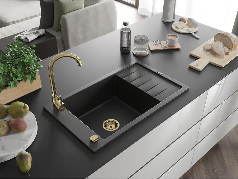 Mexen Elias, granitový drez granitový 795x480x200 mm, 1-komorový, čierna so zlatým sifónom, 6511791005-77-G