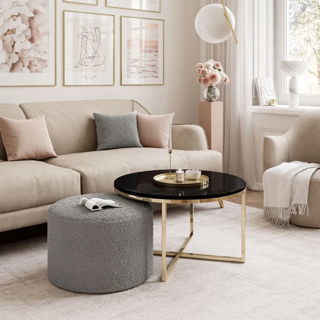 KONFERENČNÝ STOLÍK LEONARDO X ČIERNY LESK + ZLATÝ + TABURET ŠEDÝ