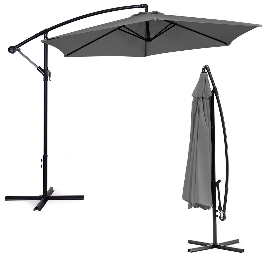 Veľký záhradný slnečník s ramenom, skladací, 3m, GREY