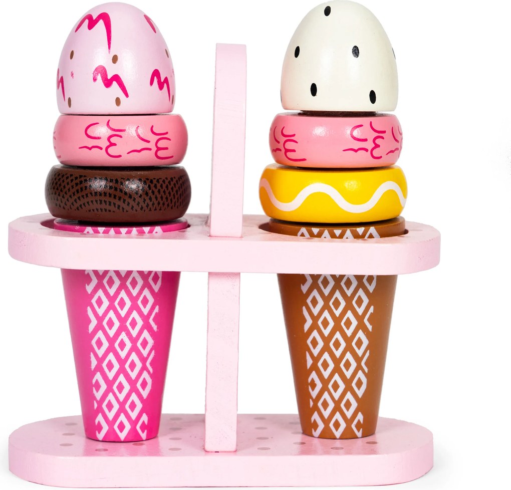 Detská drevená sada zmrzlín na suchý zips, 9 dielov so stojanom ECOTOYS 3+