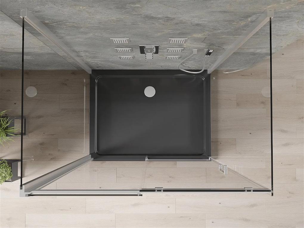 Mexen Omega, 3-stenový sprchovací kút s posuvnými dverami 130 (dvere) x 80 (stena) x 190 cm, 8mm číre sklo, chrómový profil + čierna sprchová vanička SLIM, 825-130-080-01-00-3S-4070