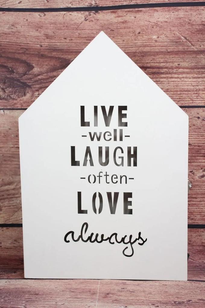 Drevená skrinka na kľúče s LED "LIVE WELL LAUGHT OFTEN LOVE ALWAYS" (23x34,5x7,5 cm)