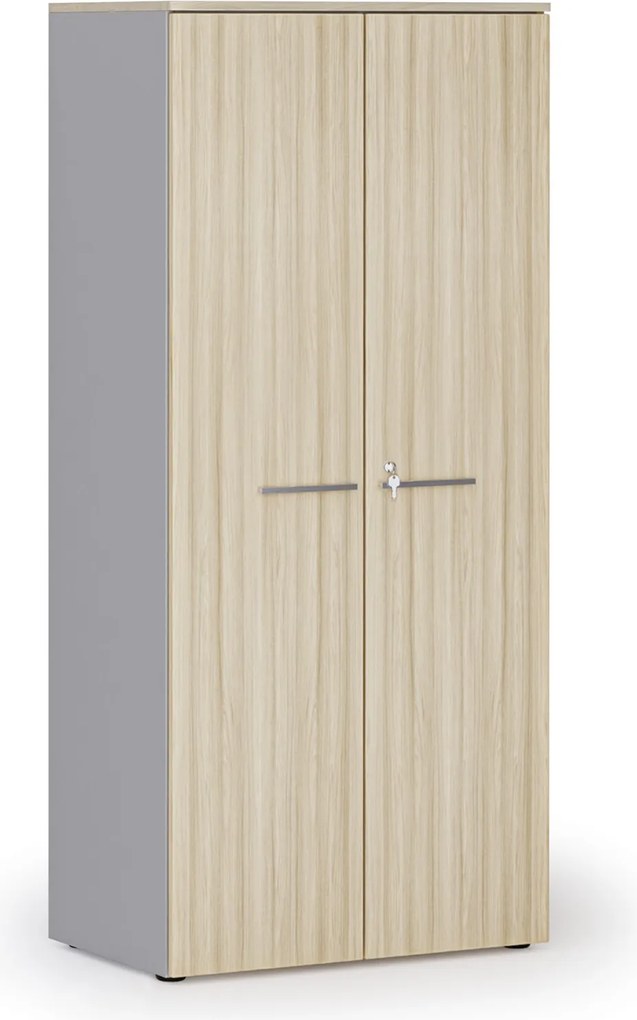 Kancelárska policová skriňa PRIMO GRAY s dverami, 800 x 500 x 1781 mm, sivá/dub prírodný