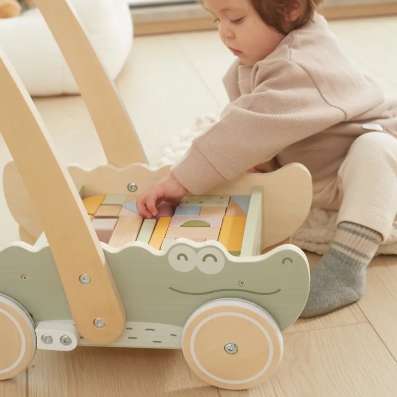 Drevený blokový vozík – krokodíl | Chodítko s kockami pre deti