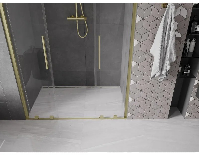 Mexen Velar Duo, posuvné dvere do otvoru 160x200 cm, 8mm číre sklo, zlatá matná, 871-160-000-02-55