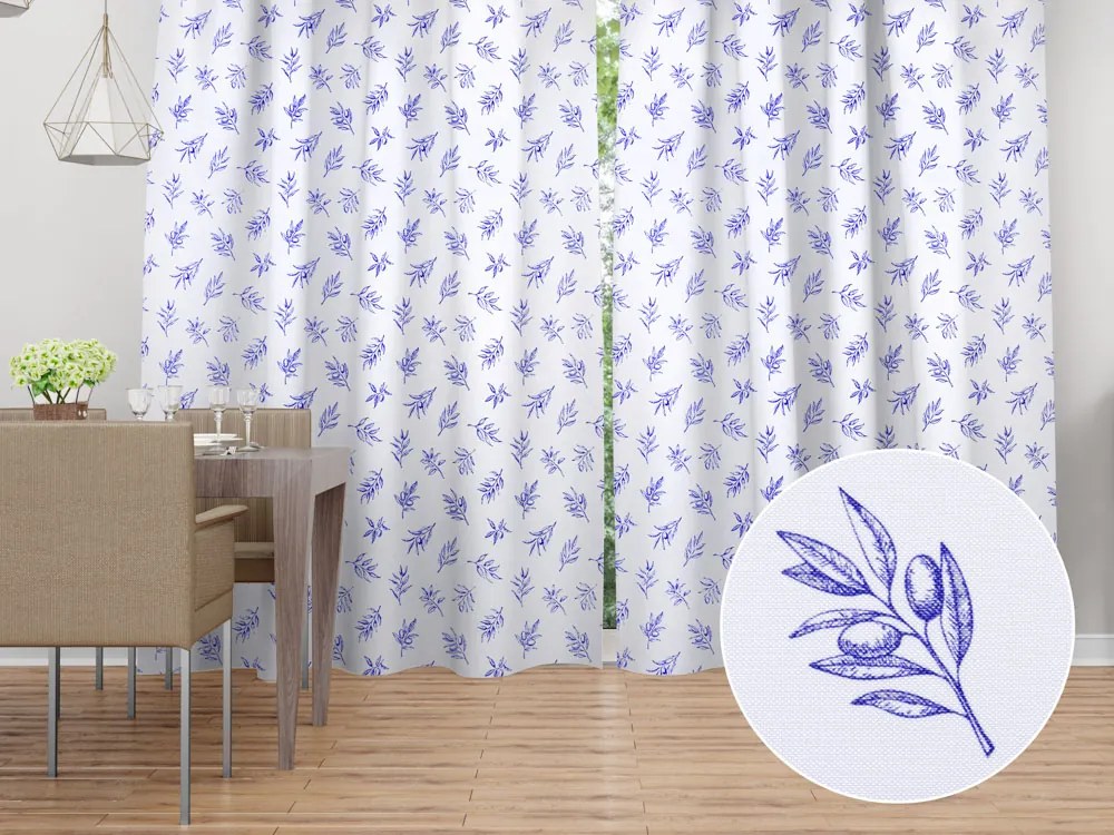 Biante Dekoračný záves TF-114 Modré olivové vetvičky na bielom 140x140 cm