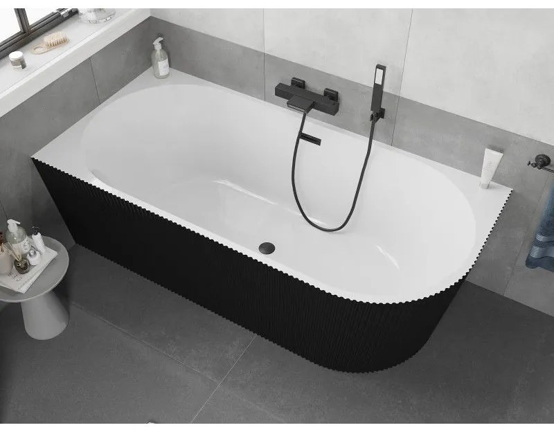 Mexen Silo, rohová voľne stojaca ryhovaná vaňa, ľavá, 170 x 80 cm, biela-čierna, čierny matný prepad, 52891708075L-70