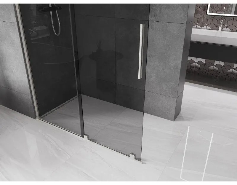Mexen Velar, sprchová zástena s posuvnými dverami Walk-in 150 x 200 cm, 8mm šedé sklo, brúsená oceľ, 871-150-000-43-97