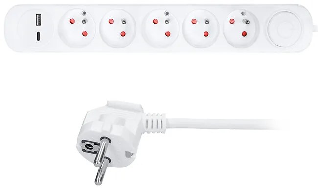 Solight PP152USBC 5z predlžovací prívod s USB A+C nabíjačkou 2.4A, 3m, 3 x 1mm2, s vypínačom, biela
