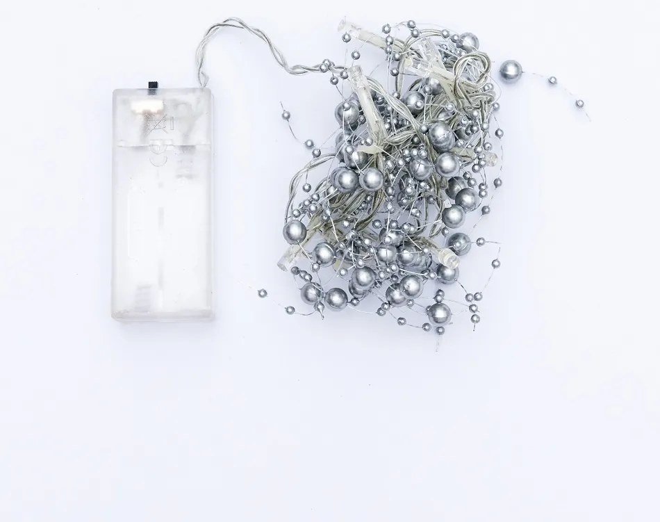 DECOLED LED světelný řetěz na baterie, stříbrné perly, ledově bílá, 10 diod, 1,3 m