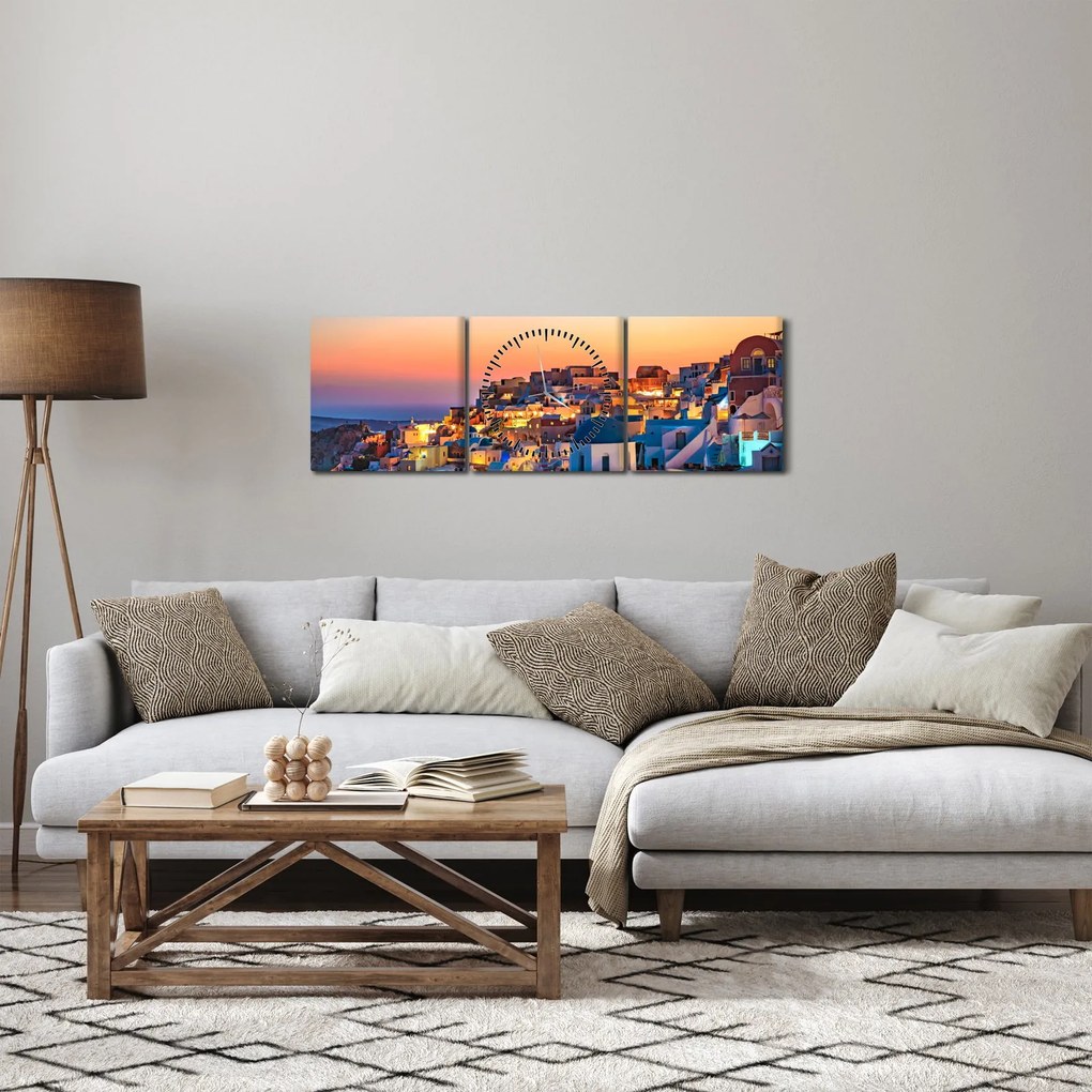 Obraz - Santorini pri zotmení (s hodinami) (90x30 cm)
