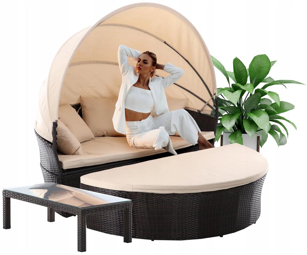 Záhradná ratanová posteľ so stolíkom - rozkladacia | hnedá / béžová