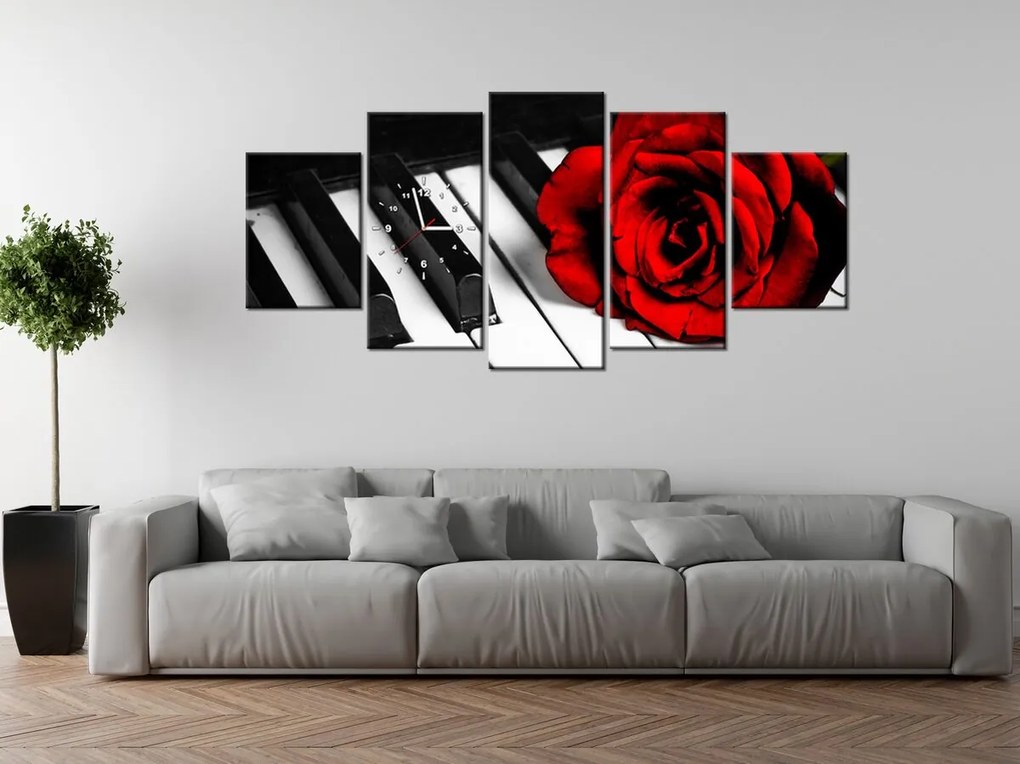 Gario Obraz s hodinami Ruža na klavíri - 5 dielny Rozmery: 150 x 70 cm