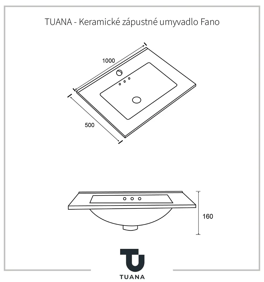 Tuana Fano, keramické zápustné umývadlo 100x50 cm, biela lesklá, CER-TU-475859