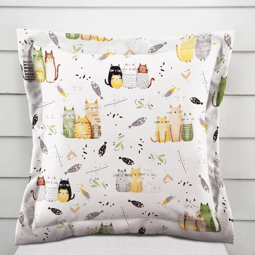 Biante Detská bavlnená obliečka na vankúš s lemom Sandra SA-652 Mačací svet zeleno-žltý na bielom 60 x 60 cm