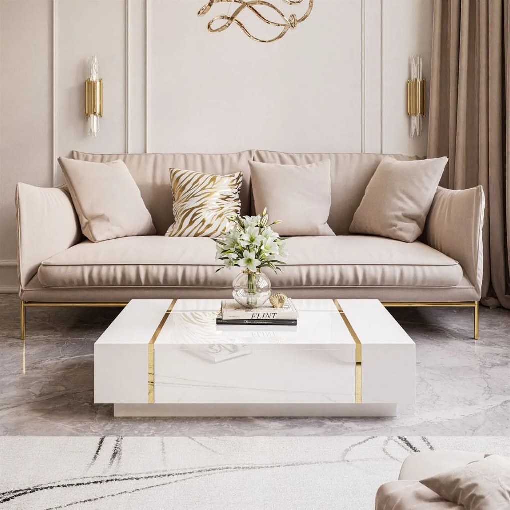 KONFERENČNÝ STOLÍK SANTINO BIELY VYSOKÝ LESK / ZLATÝ