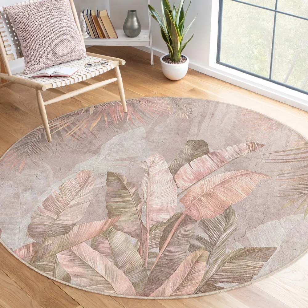 Svetloružový prateľný okrúhly koberec ø 150 cm Dusty Leaves – Mila Home