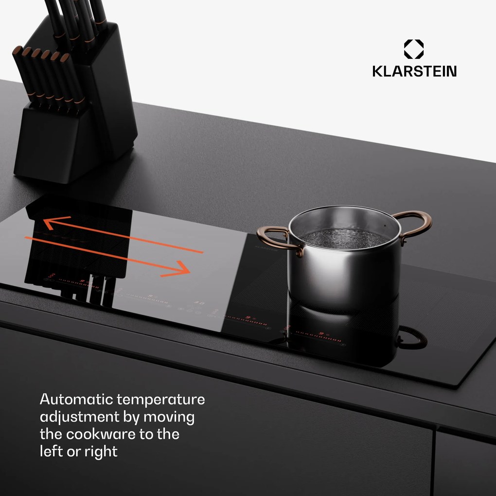 Klarstein Masterzone 90 Slim Flex, indukčná varná doska, max. 7200 W, vstavaná, 4 zóny, 2 Flex zóny, technológia ThermoBoost, Smart Flex