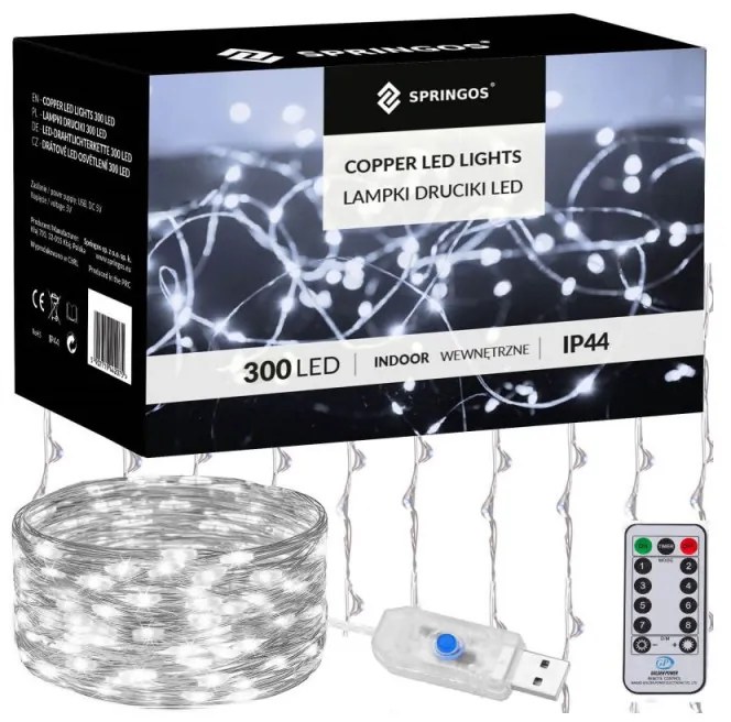 SPRINGOS LED Nano svetelný záves - 3x3m, 300LED, 8 funkcií, ovládač, USB, IP44, studená biela