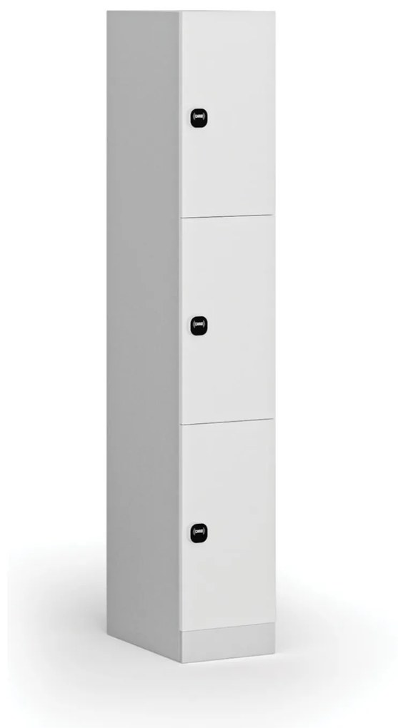 Šatníková skrinka s úložnými boxmi, 3 boxy, 1850 x 300 x 500 mm, zámok s čítačkou RFID kariet, laminované dvere, biela