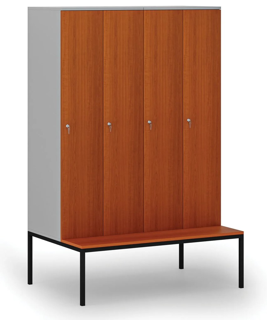 Drevená šatníková skrinka S4 s lavičkou, 4 oddiely, 1871 x 1200 x 500/800 mm, demont, cylindrický zámok, sivá/čerešňa