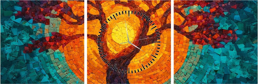 Obraz - Strom života a slnko v mozaike (s hodinami) (90x30 cm)