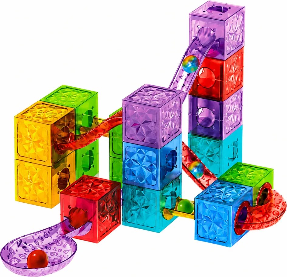 LEAN Toys Magnetické stavebné kocky – kocky, guľôčková dráha, farebné, 33 ks.