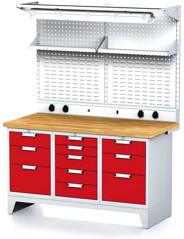 Alfa 3 Dielenský stôl MECHANIC I, perfopanel, polica, el. zásuvky, osvetlenie, 1x 5 a 2x 3 zásuvkový box na náradie, 11 zásuviek, červené