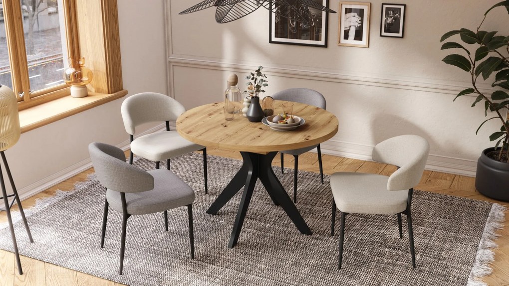 RENZO Dub Artisan/čierna noha - OKRÚHLY STÔL Ø110 ROZKLADACÍ DO 180 cm | DO KUCHYNE JEDÁLNE OBÝVAČKY RETRO