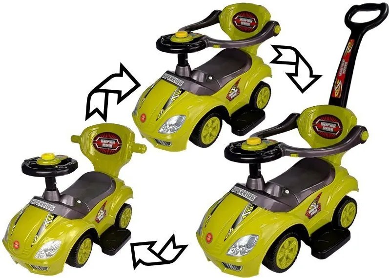 LEAN CARS Detské odrážadlo 3v1 Mega Car s vodiacou tyčou, žlté