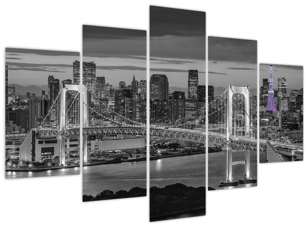 Obraz - Veľkomesto s fialovou vežou (150x105 cm)