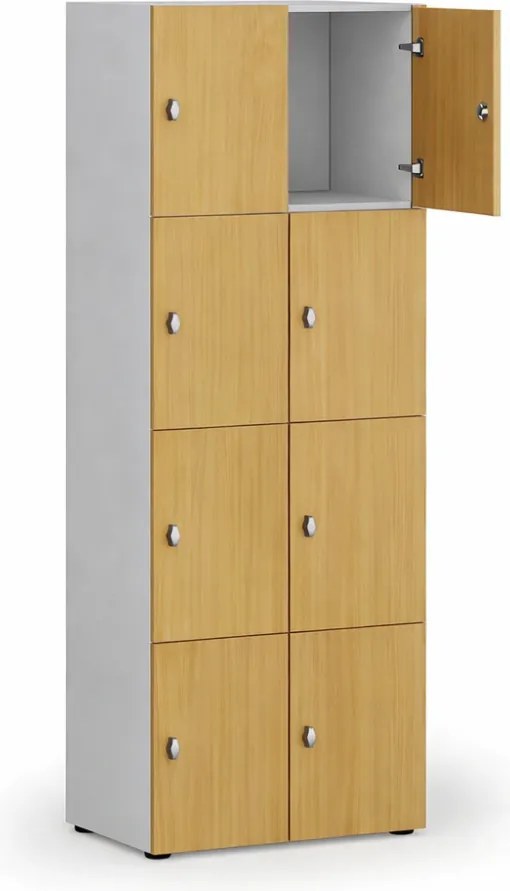 Drevená šatníková skrinka S4 s úložnými boxmi, 8 boxov, demont, otočný zámok, sivá/orech