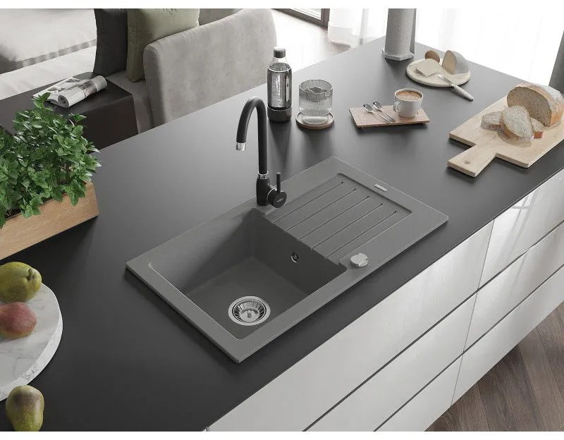 Mexen Pablo, granitový drez 752x436x161 mm, 1-komorový a čierna batéria Telma, šedá, 6510-71-670200-70
