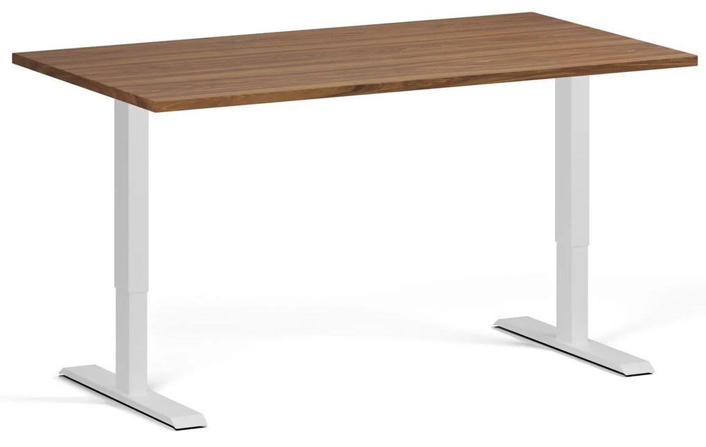 Výškovo nastaviteľný stôl, 140x80 cm, 1 motor, biela podnož, orech