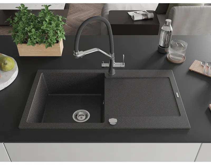 Mexen Leo, 1-komorový granitový drez 900x500x190 mm a drezová batéria Duo, čierna škvrnitá, 6501-76-671701-07
