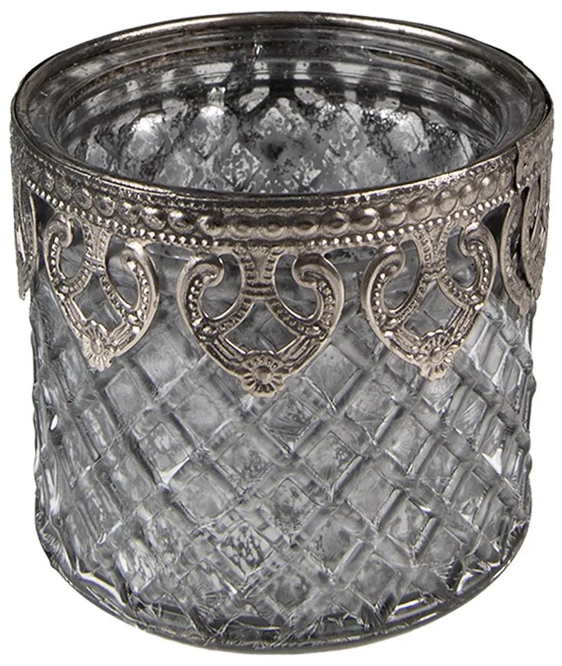 Šedý sklenený svietnik na čajovú sviečku s ozdobným okrajom - Ø 8*7 cm